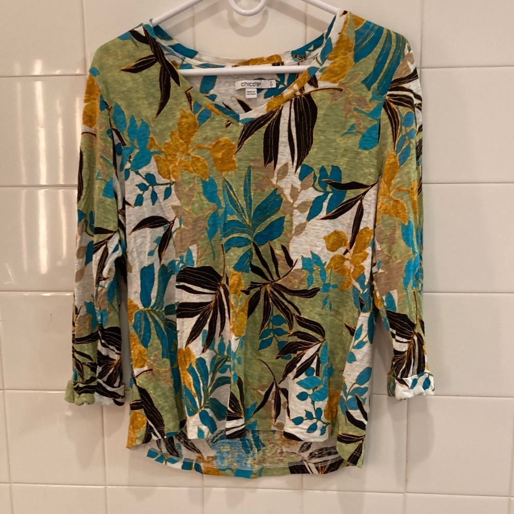Chico's Floral 3/4 Sleeve Tops - Blue and Green - Picture 8 of 11